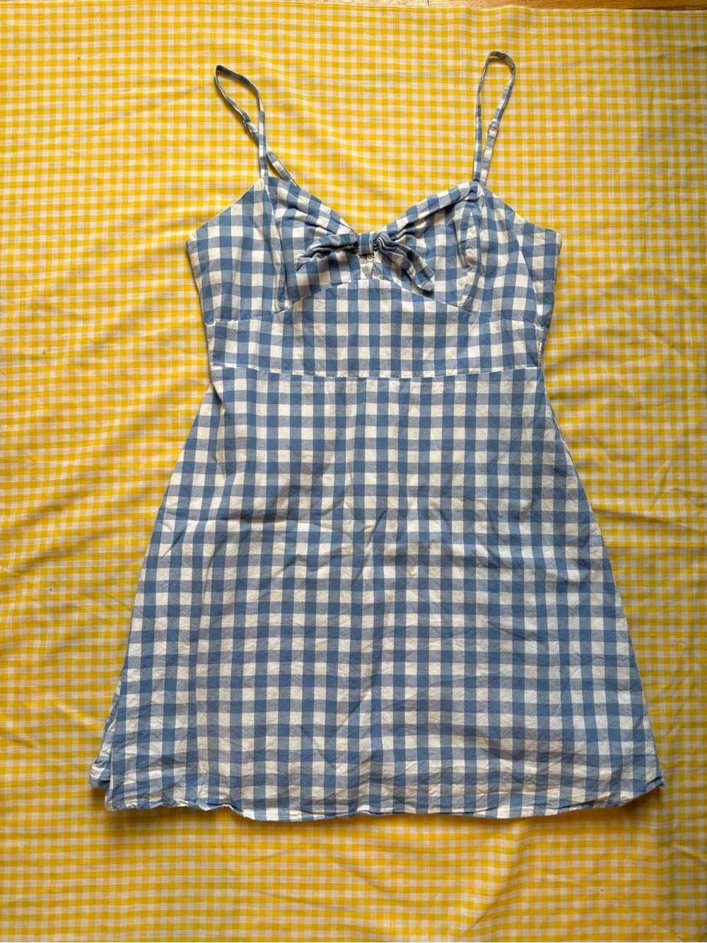 Blue and White Gingham Tie-Front Spaghetti Strap Dress